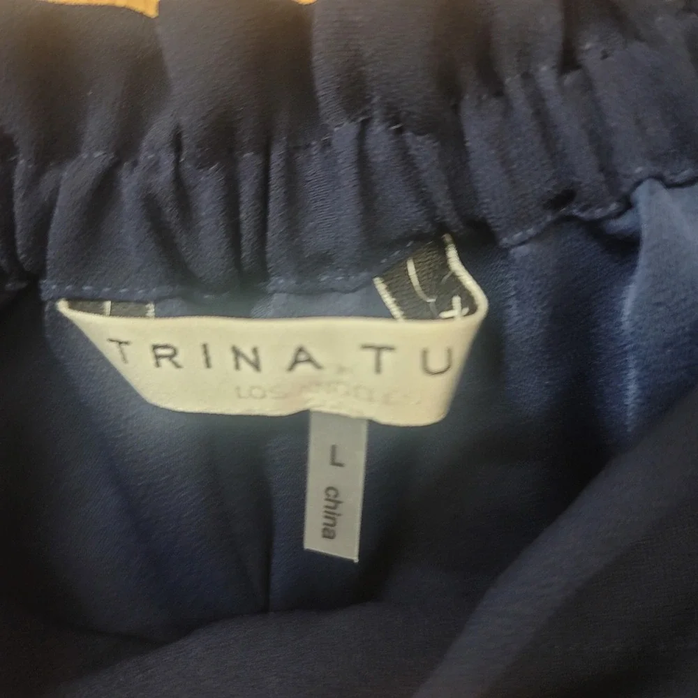 Trina Turk Navy Blue Off Shoulder Ruffle Sleeve Blouse Quiet Luxury Top Large